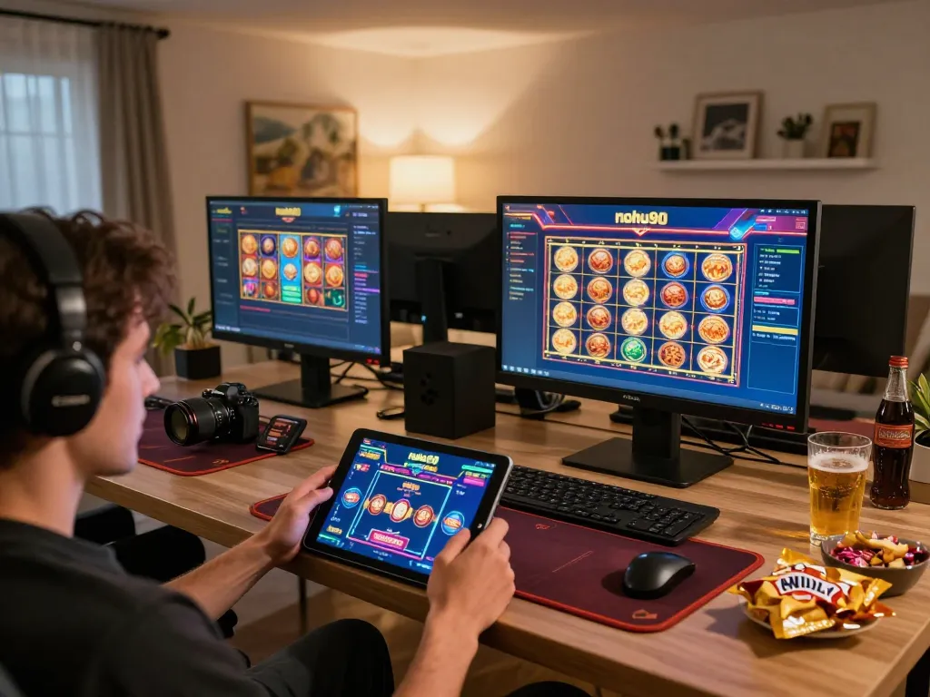 Engaged player using tablet for nohu90 online casino gaming with vibrant slot games.