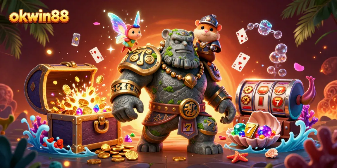 Spin and win with okwin88's exciting 3D illustrations showcasing casino adventures and treasures.