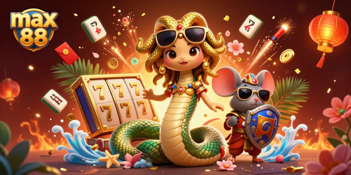 Experience thrilling gameplay at max 88 with a vibrant illustration featuring lucky symbols and gaming characters.
