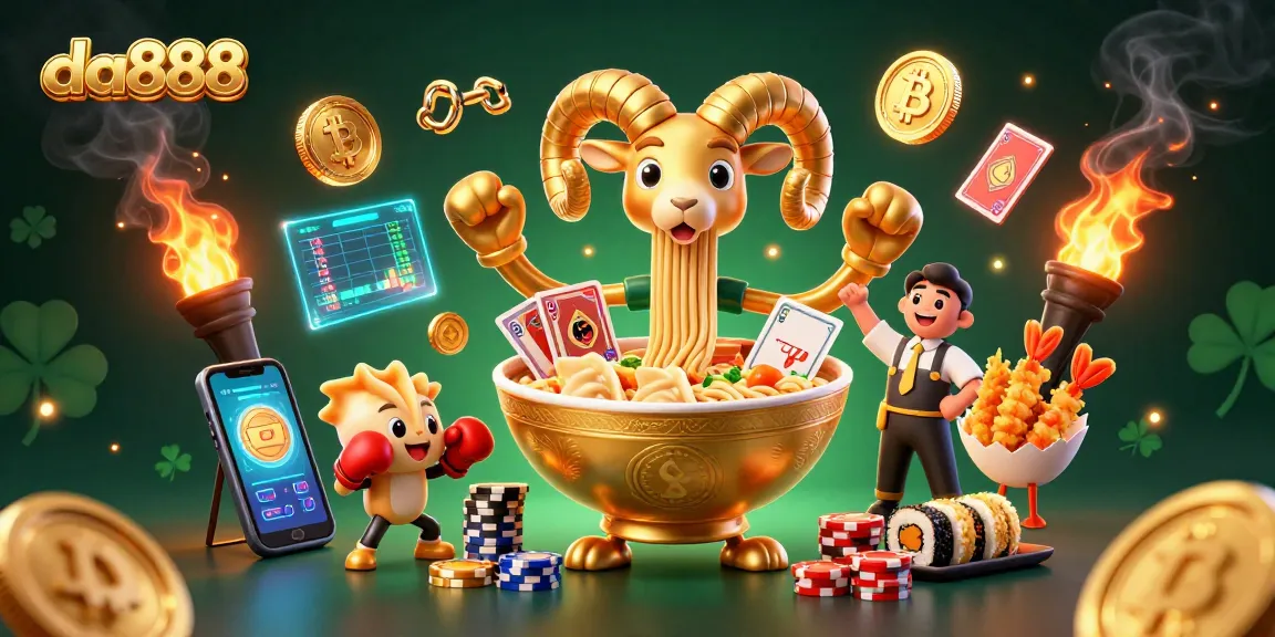Engage in da888's vibrant casino world with golden ramen dealer and crypto elements illustrating excitement.