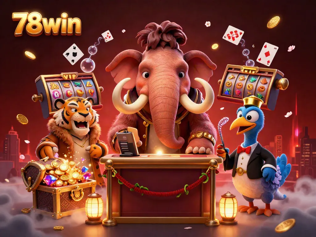 Casino scene with a 78win woolly mammoth bouncer, VIP saber-tooth tiger, and dodo doorman surrounded by slot reels, coins, and playing cards.