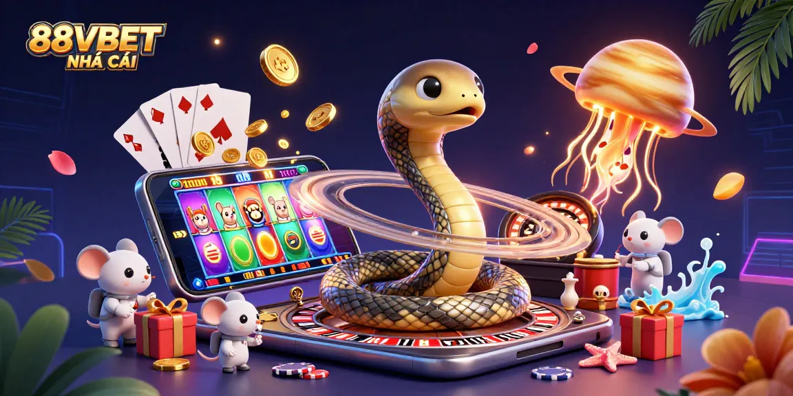 Experience the thrill of 88VBET NHÀ CÁI with vibrant visuals of cosmic gaming, including roulette and slots.