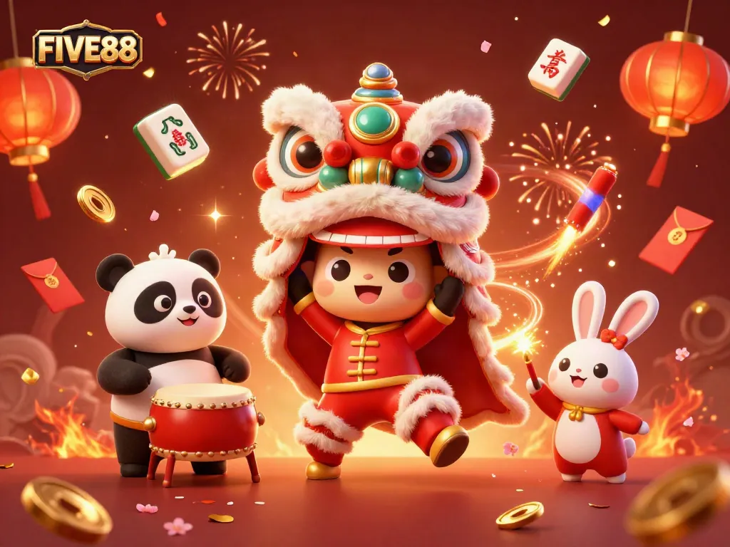 Engage in thrilling gaming adventures with FIVE88 in a vibrant 3D casino celebration.