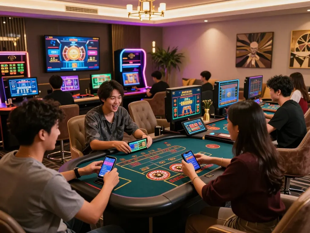 Players engaged in online gambling excitement with 68 Game Bài on digital devices in a vibrant gaming lounge.