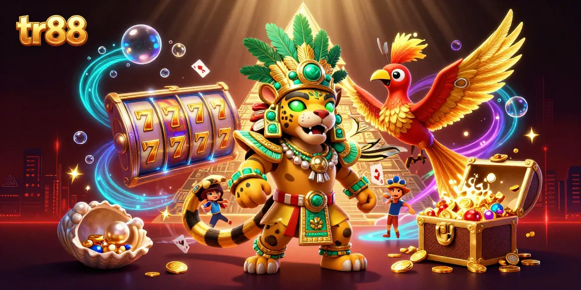 Spin the lucky tr88 slot reels in a vibrant casino-themed, 3D illustration featuring dynamic characters.