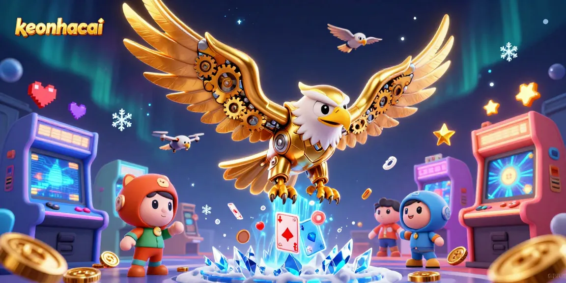 Experience dynamic sports betting with keonhacai, featuring a cybernetic eagle flying amidst vibrant casino elements.