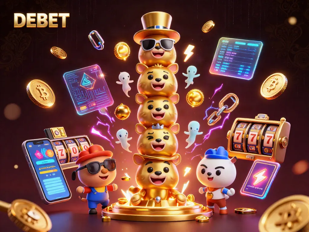 Engage with DEBET's vibrant casino scene featuring dynamic gaming elements and animated characters.