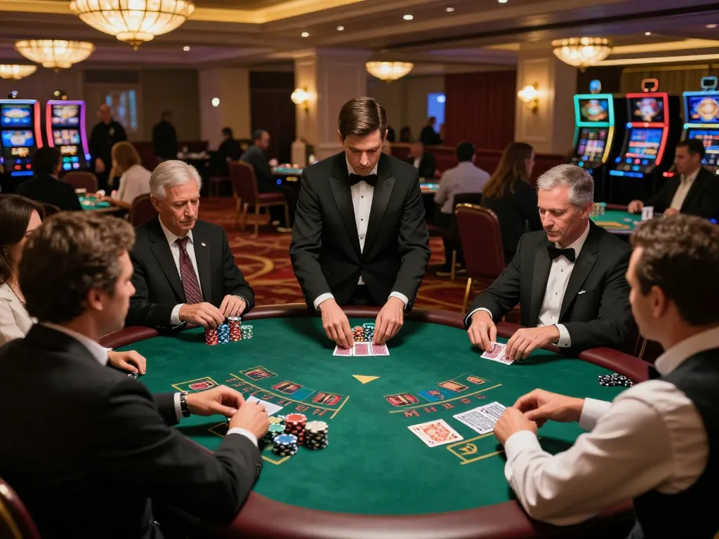 Players analyze betting strategies at a vb88 blackjack table in an upscale casino