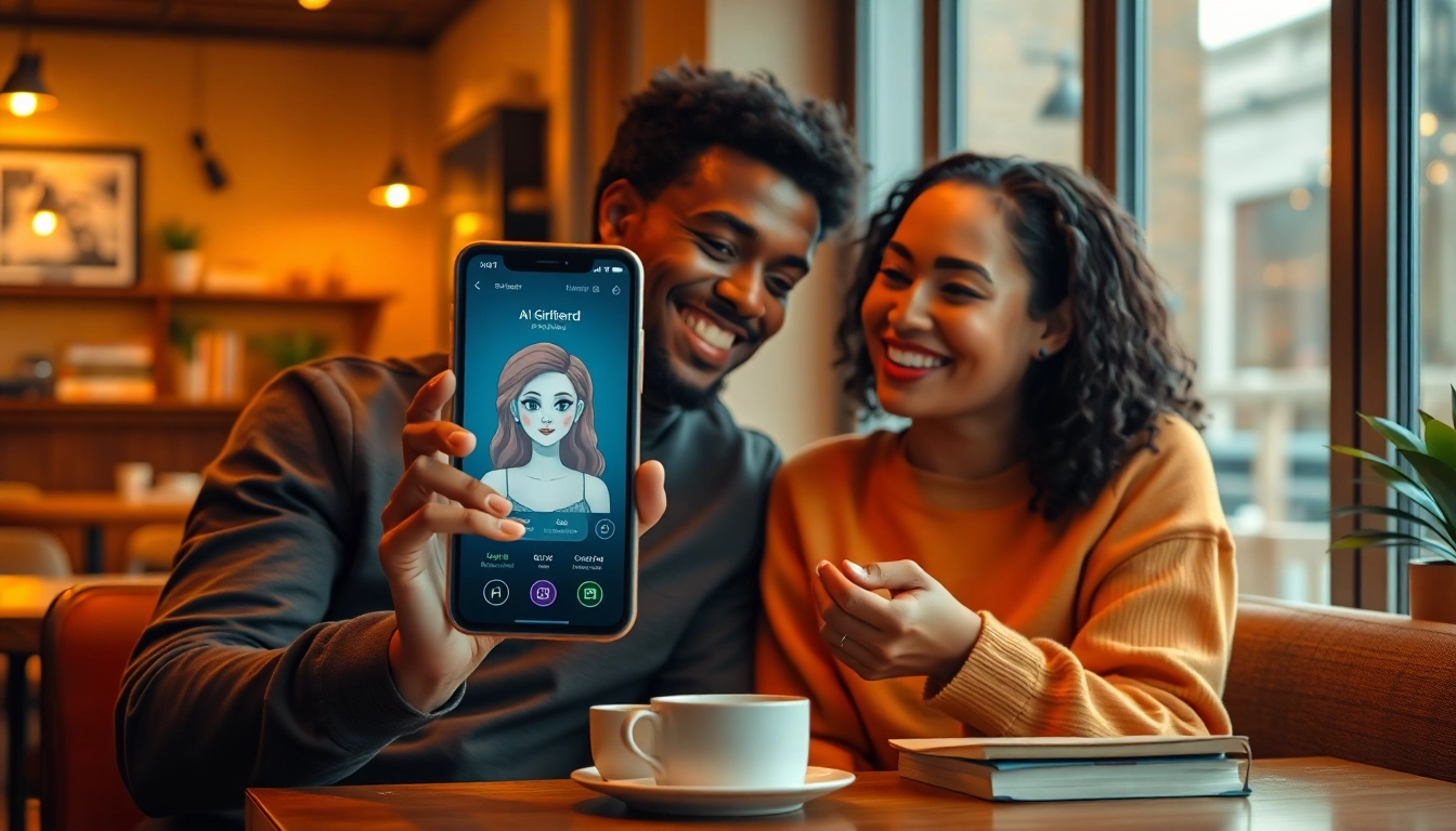 Engaging young couple in a café chatting with their girlfriend AI on a smartphone screen.