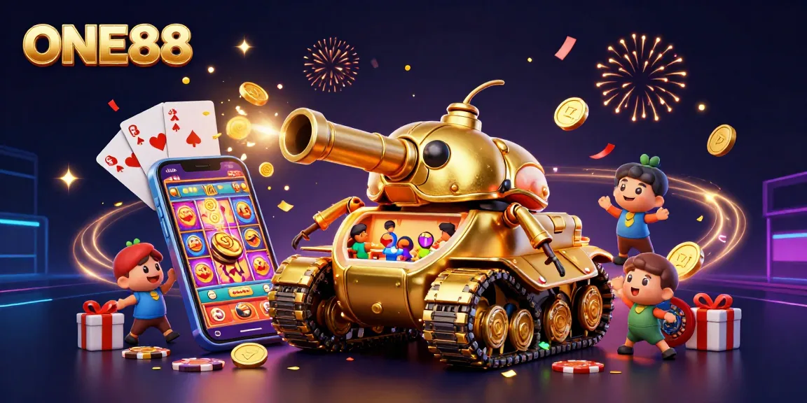 Engage with ONE88's vibrant casino spectacle featuring golden beetle tank and dynamic gaming elements.