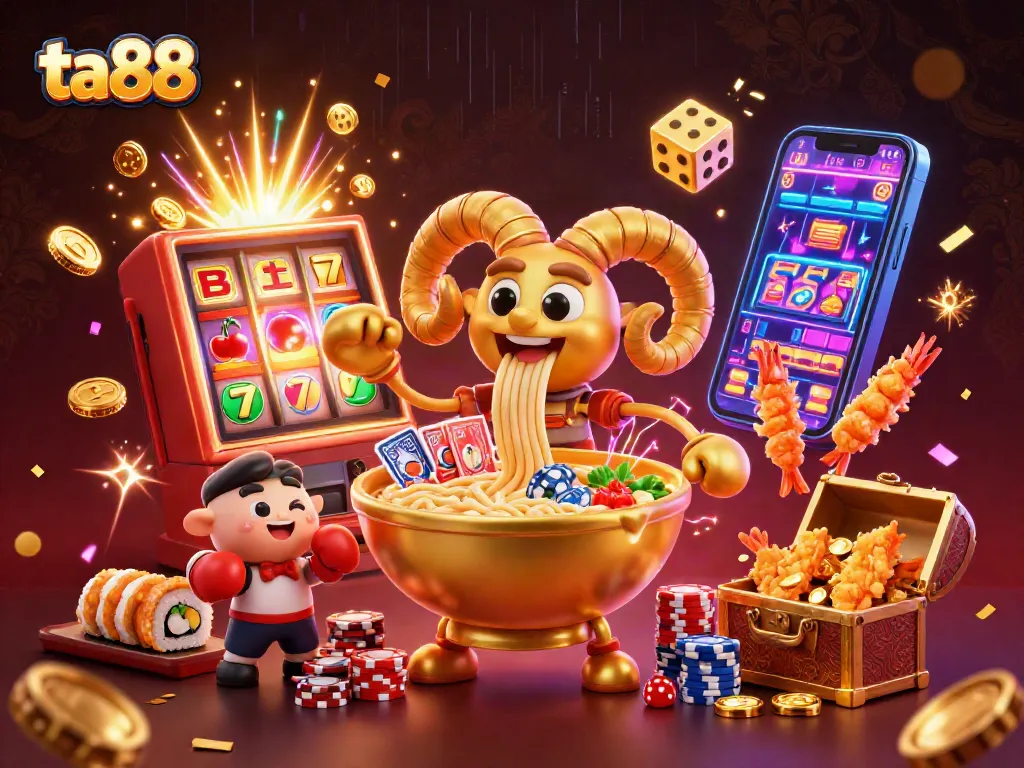 Spin the slots with ta88 as a giant ramen bowl deals cards and chips in a vibrant casino scene.