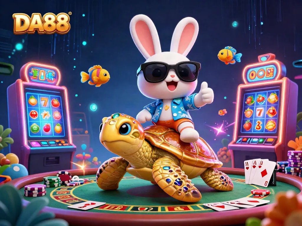 Engage with DA88 in a vibrant casino scene featuring dynamic slot games and colorful casino elements.