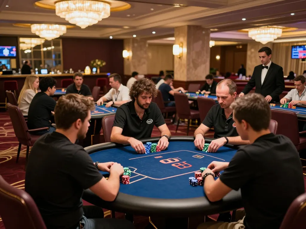 Players engage in strategic poker gameplay at Co88us casino, vibrant atmosphere and high-stakes action.