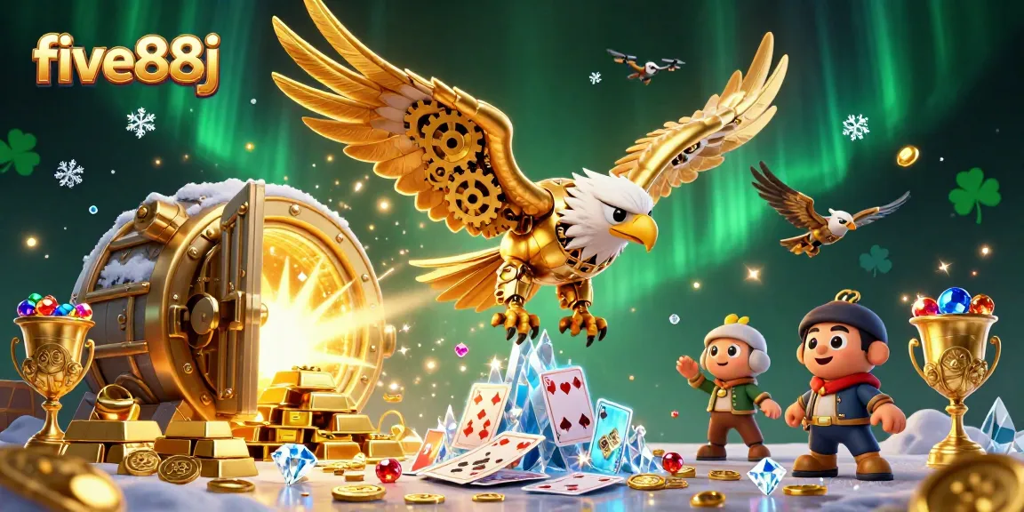 Experience thrilling moments at five88j with a cybernetic eagle diving through sparkling cards and treasures.