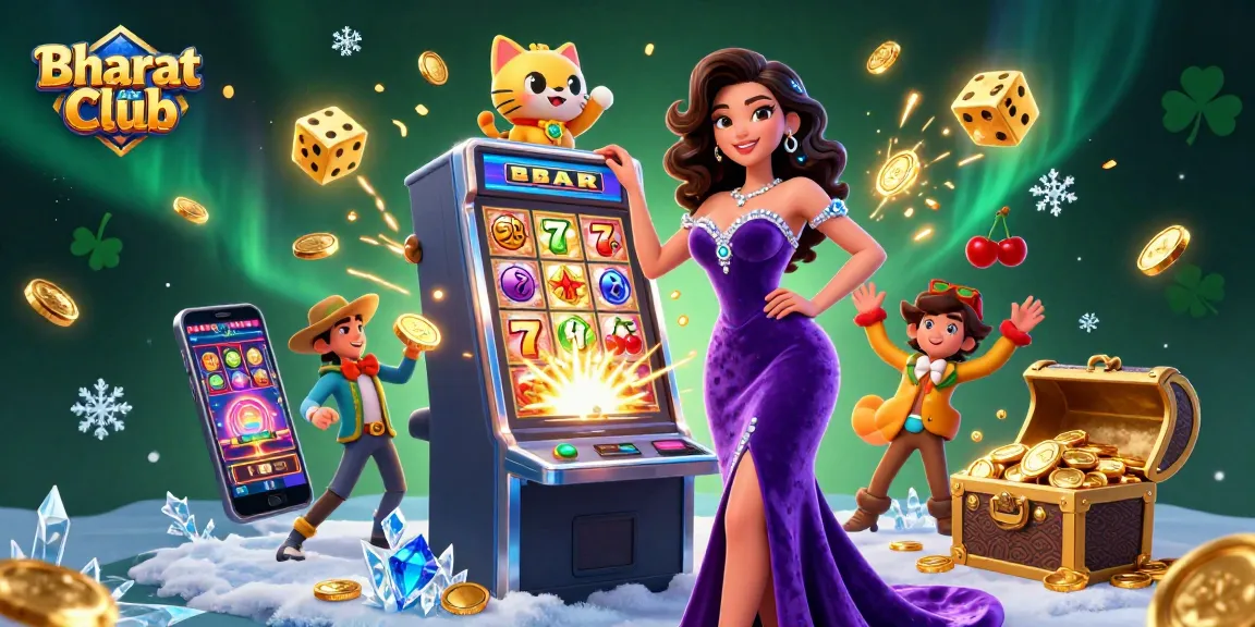 Experience the thrill of Bharat Club apk with a glamorous casino scene featuring a jackpot slot machine and fortune cat!