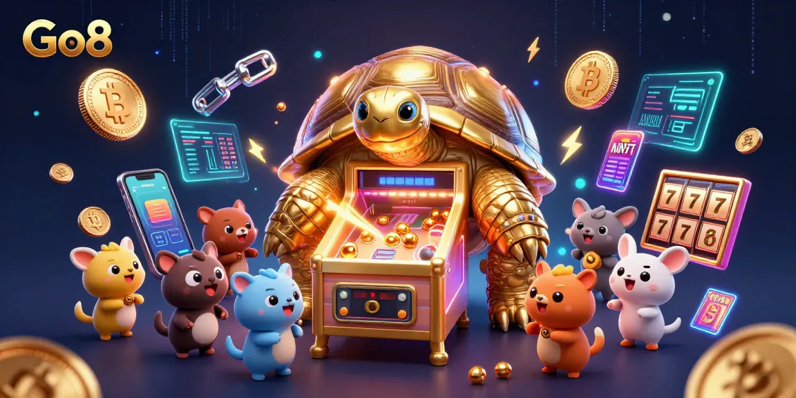 Engage with Go8's immersive casino atmosphere featuring a golden tortoise pinball with crypto elements.