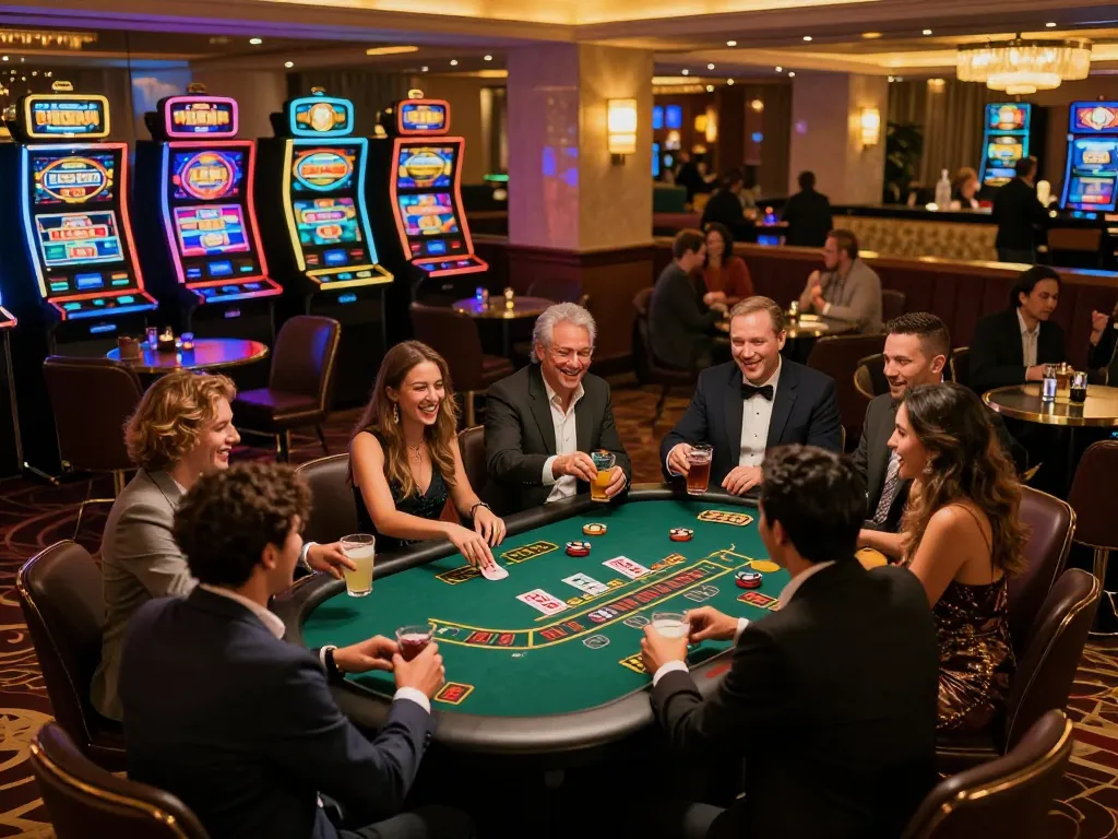 Players engaging in lively blackjack at BL 555 casino, enjoying vibrant atmosphere and winning moments.