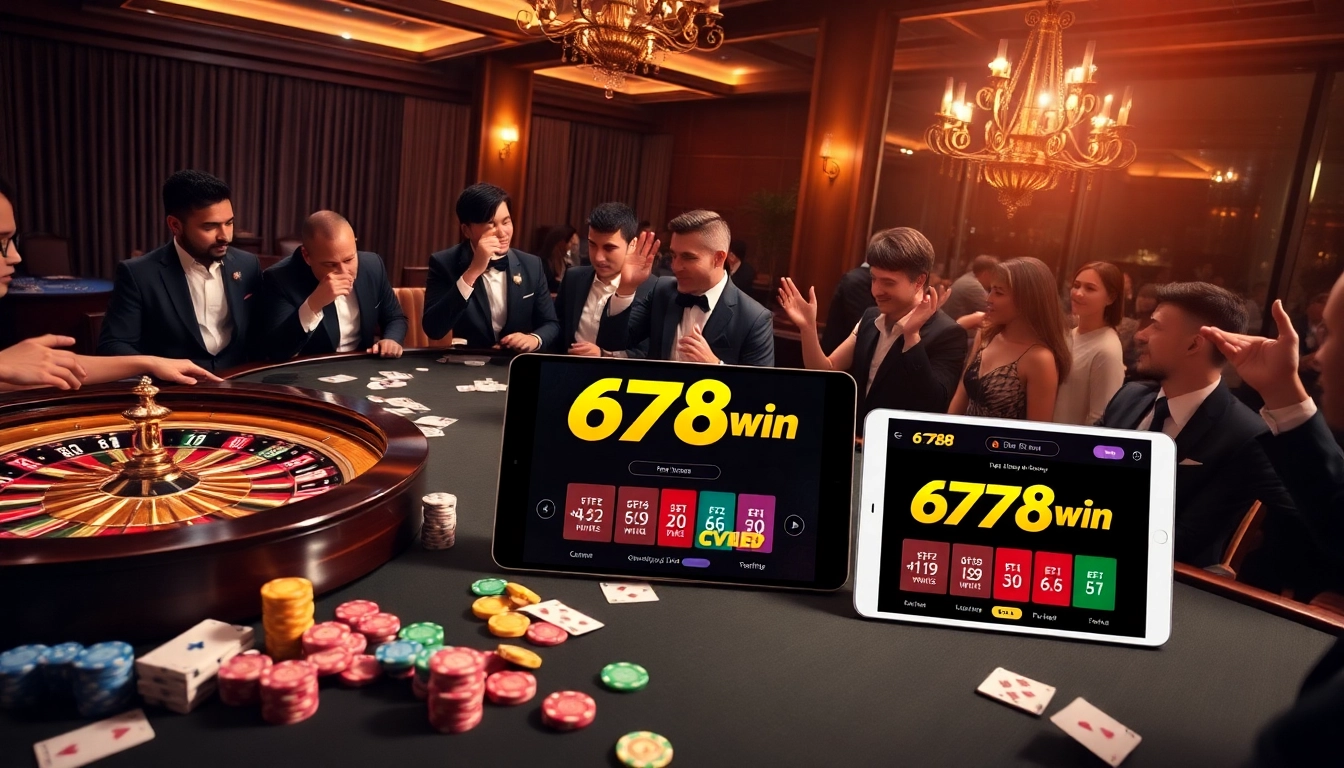 A thrilling casino atmosphere where players aim for a 678 win at a vibrant poker table.
