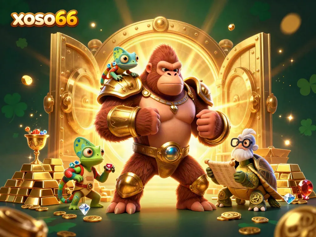 Engage with thrilling fun at xoso66 while interacting with an animated gorilla, chameleon, and tortoise amidst sparkling treasures.