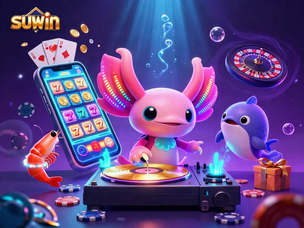 Suwin engages players with colorful gambling elements and lively characters in an upbeat casino scene.