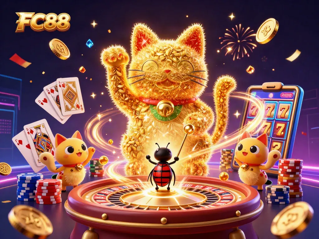 Join the excitement at FC88 with a vibrant lucky cat and dynamic casino elements.
