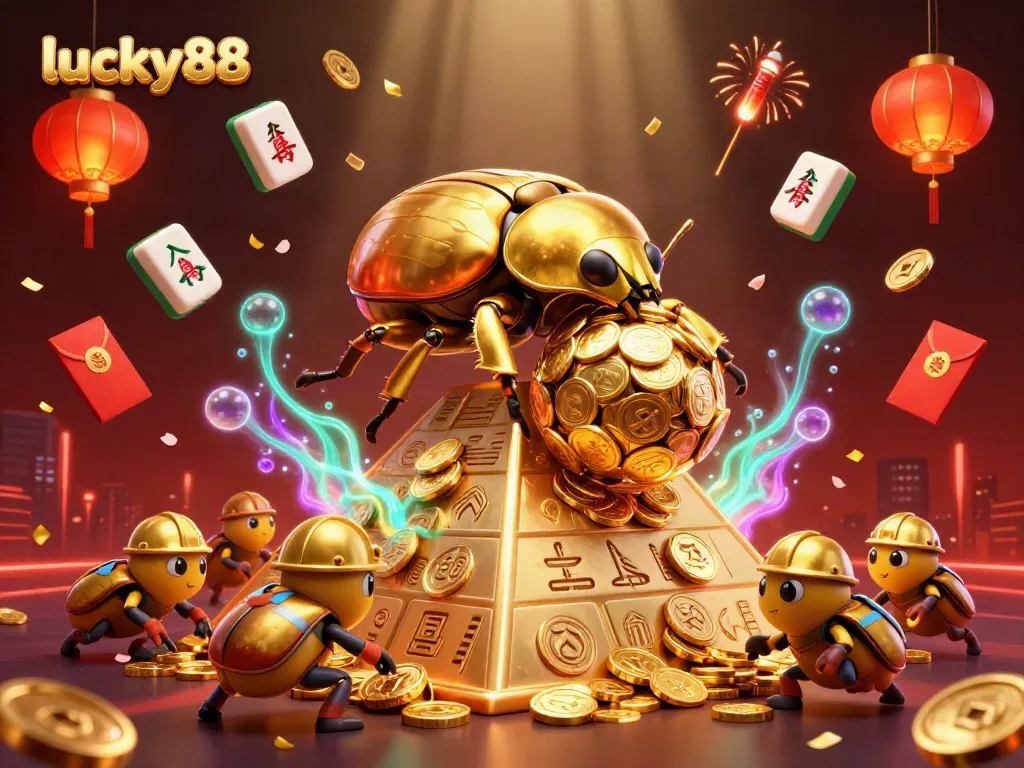 Play with lucky88 as a golden dung beetle rolls coins in a vibrant casino setting.