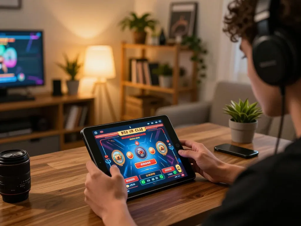 B52 club online gaming session in a cozy setting, showcasing a person engaged with their tablet.