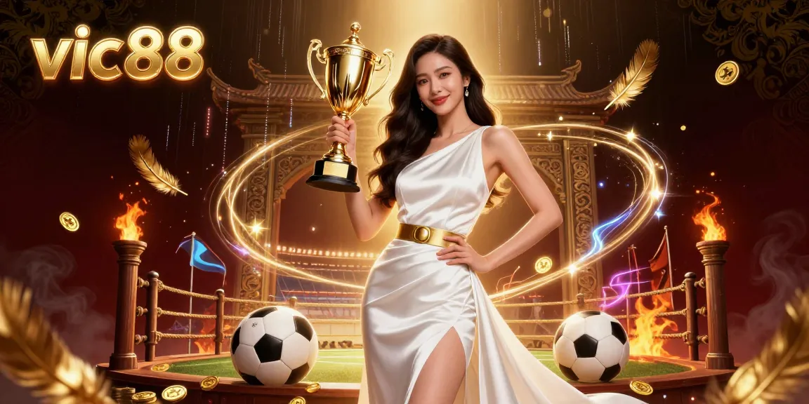 Win big with vic88 in an exciting casino scene featuring a victorious woman holding a trophy amidst vibrant betting elements.