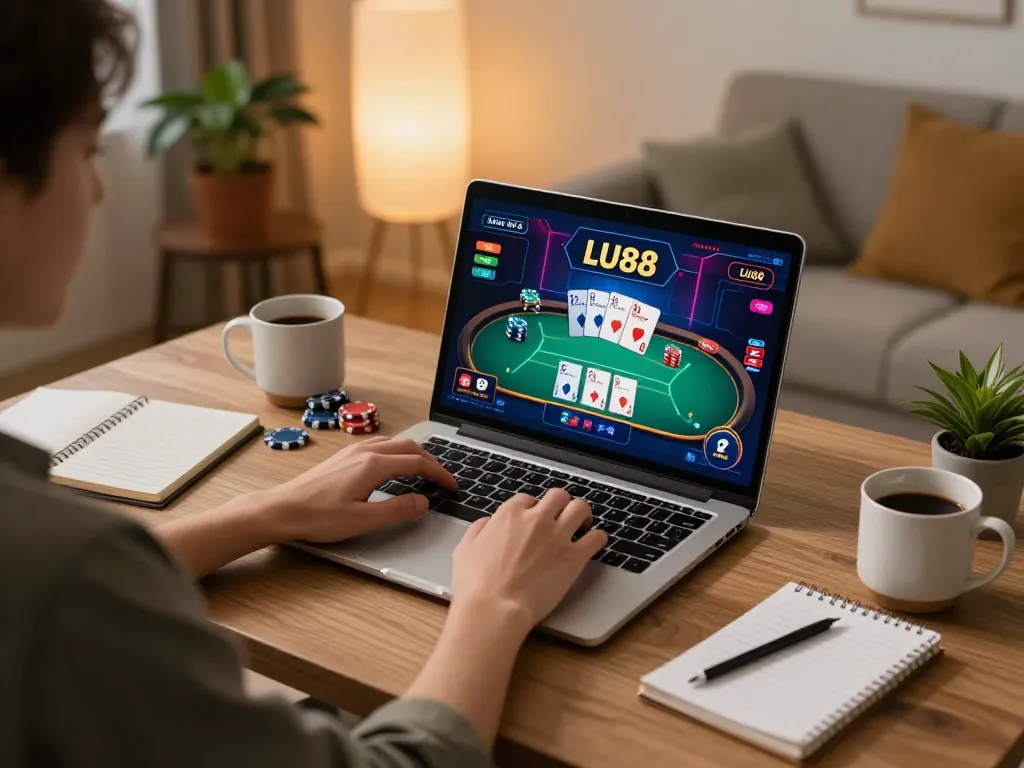 Engaging in LU88 online gaming with a vibrant poker game displayed on laptop in a cozy atmosphere