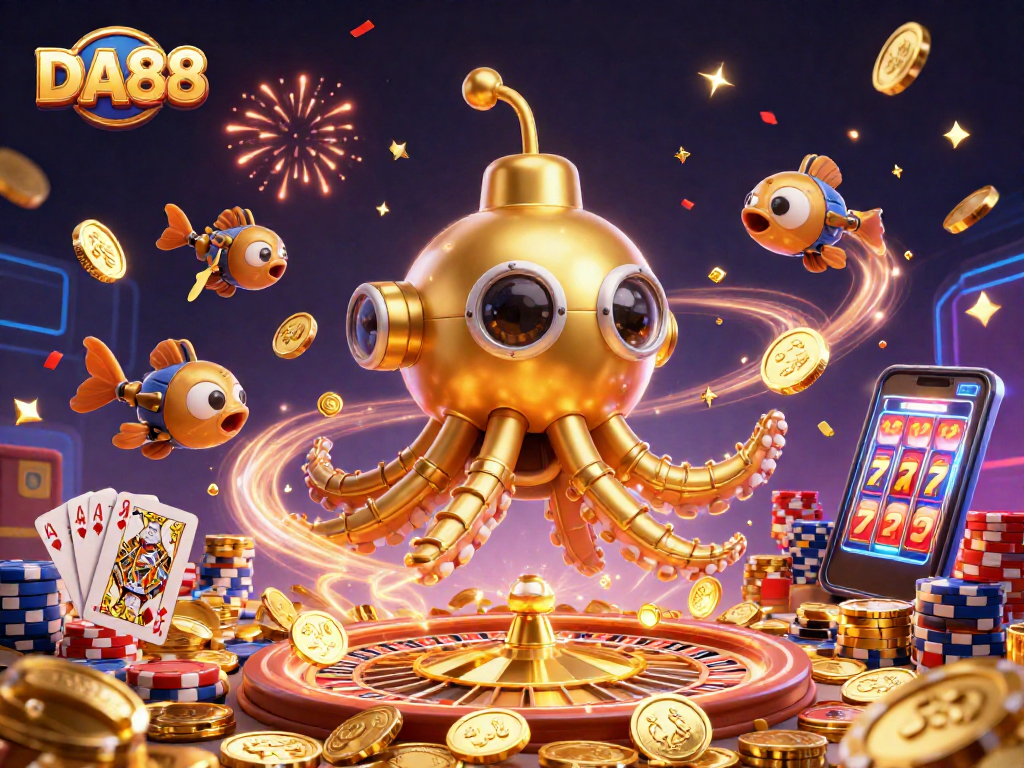 Experience thrilling wins with DA88's vibrant online casino atmosphere featuring a kraken submarine.