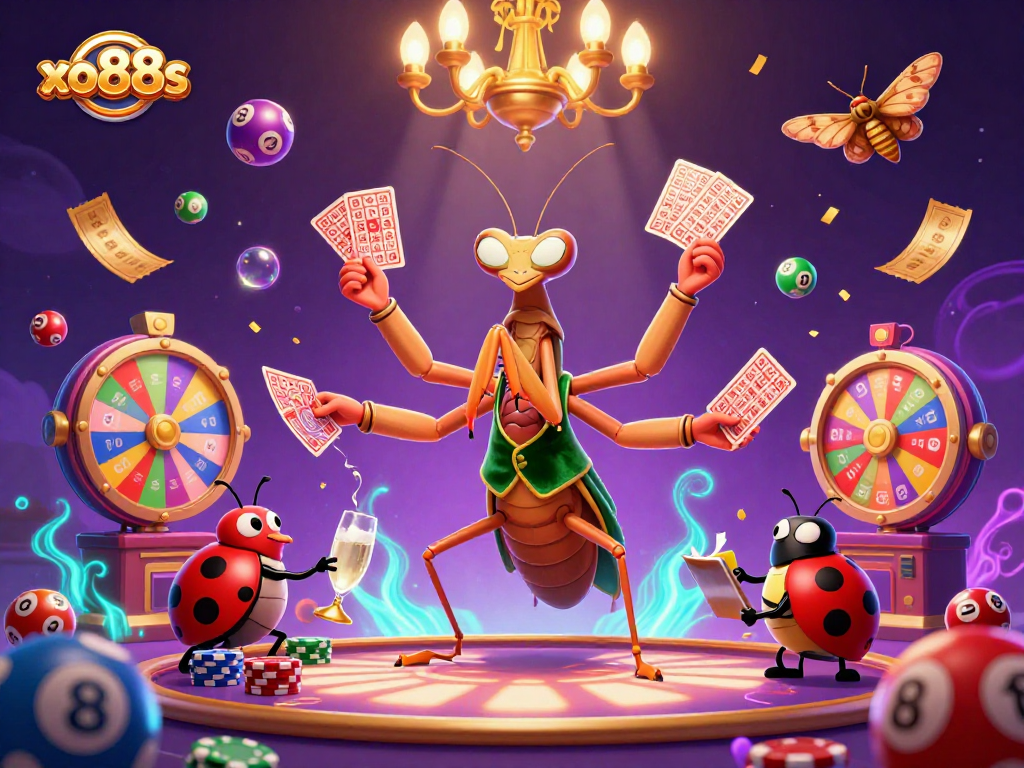 Experience exciting casino action with xo88s featuring a mantis dealer, ladybug boss, and colorful lottery elements.
