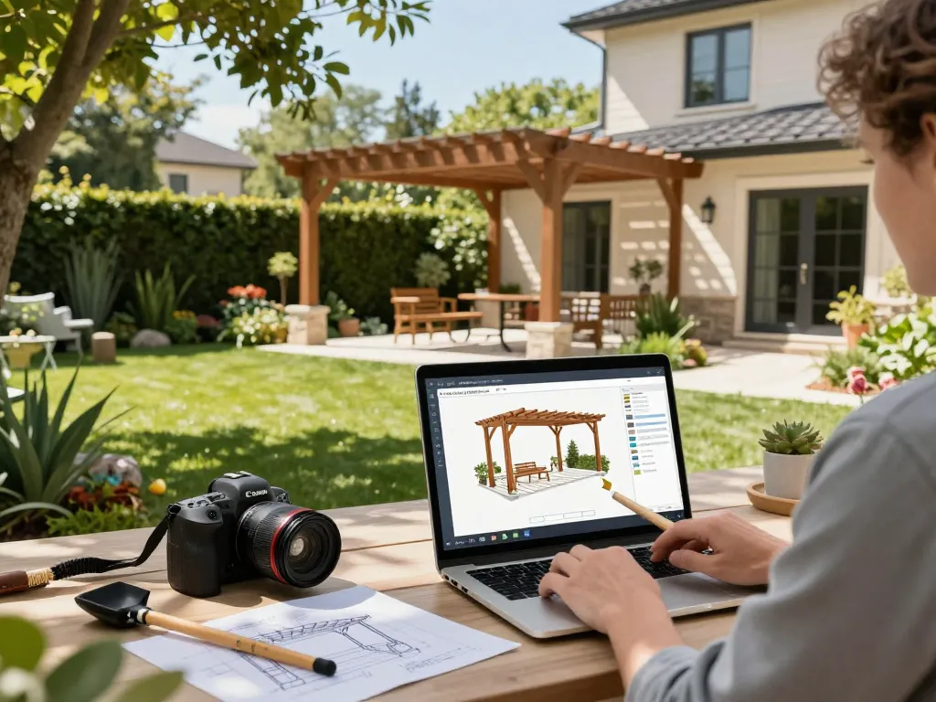 Interactive demonstration of Pergola Configurator Software showcasing 3D designs in a garden setting.