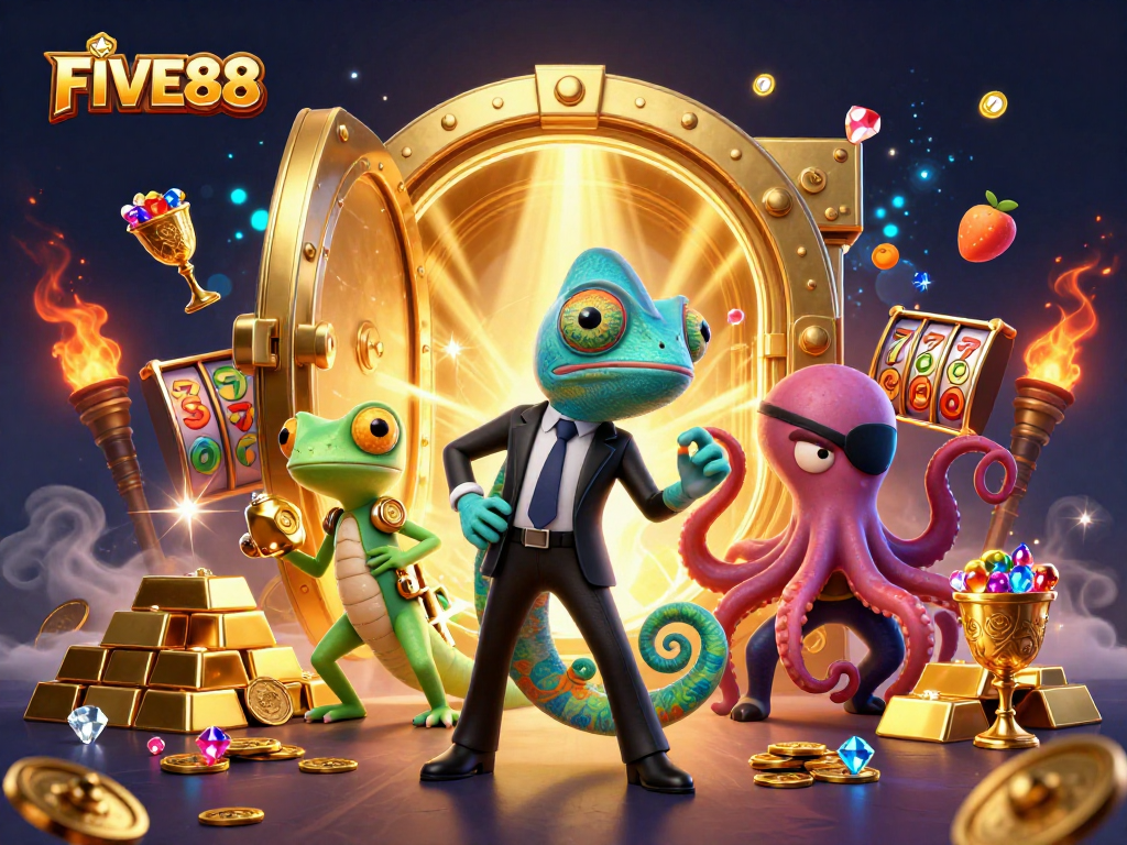 Win big with FIVE88 in a vibrant casino scene featuring lively characters and sparkling treasures.