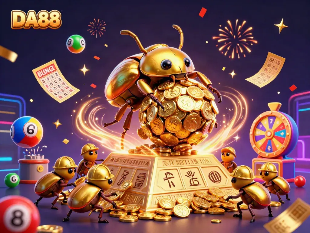 Engage with DA88's vibrant lottery scene featuring colorful balls and casino elements.