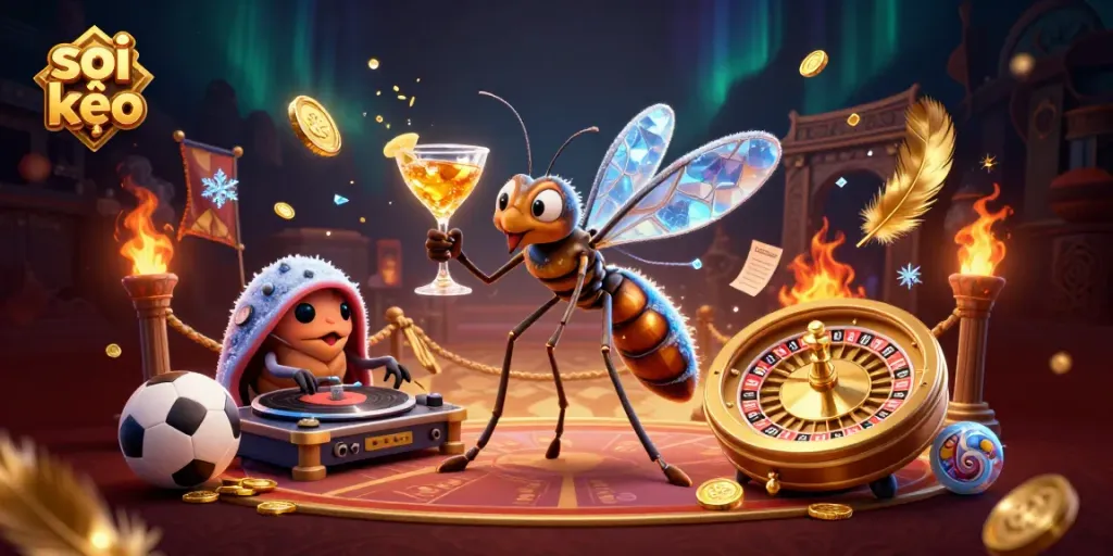 Soi kèo sports betting scene featuring a 3D cartoon frozen mosquito mascot, trilobite DJ, and ammonite roulette wheel.