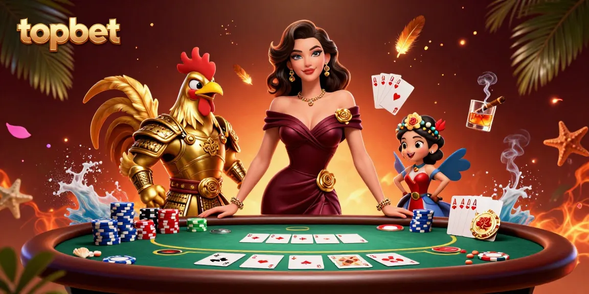 Engage in thrilling poker action with topbet, featuring vibrant characters and dynamic casino elements.