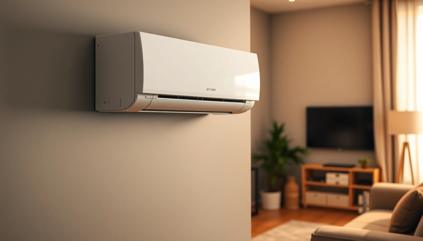 Showcase a mitsubishi mini split ac unit in a stylish living room, highlighting its sleek design.