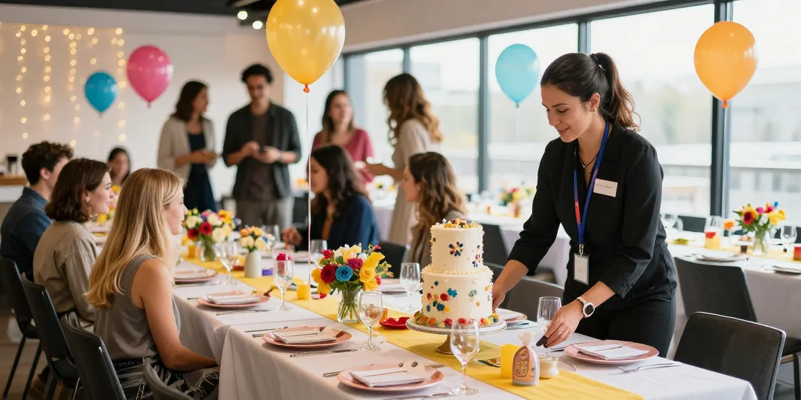 Party planner Mississauga setting up a festive birthday event with colorful decorations and elegant table arrangements.