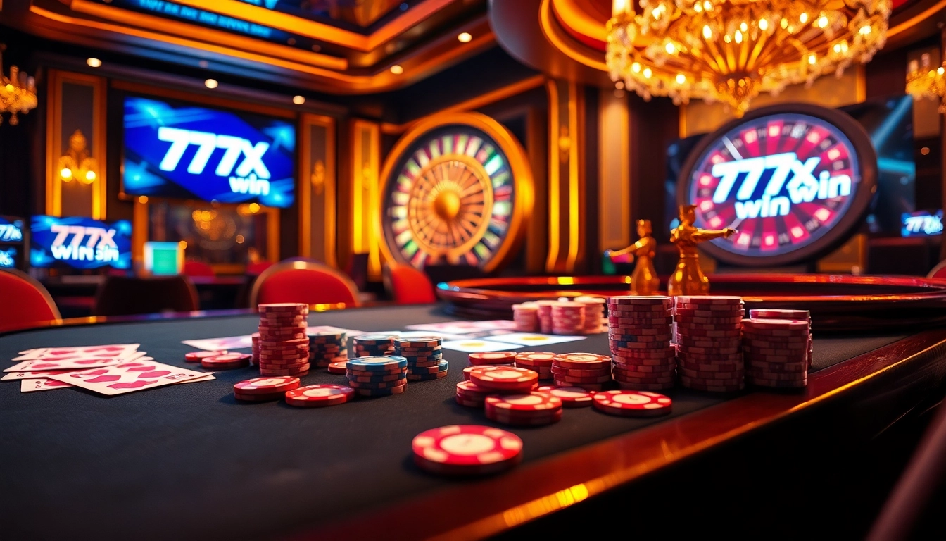 Experience the thrill of the 777X win at a luxurious online casino table with vibrant gaming elements.