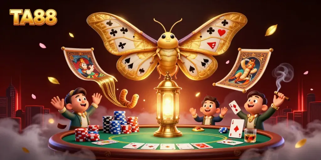 TA88 engages players with a vibrant casino scene featuring a golden moth and poker elements.