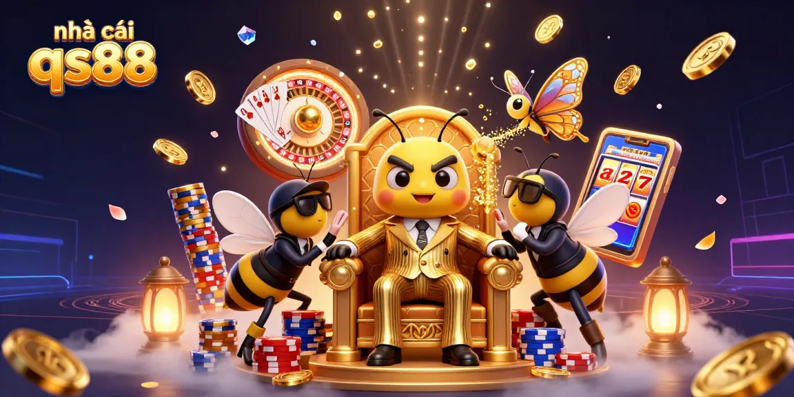 Experience the thrilling world of nhà cái qs88 with a vibrant casino illustration featuring golden coins, slot machines, and more.