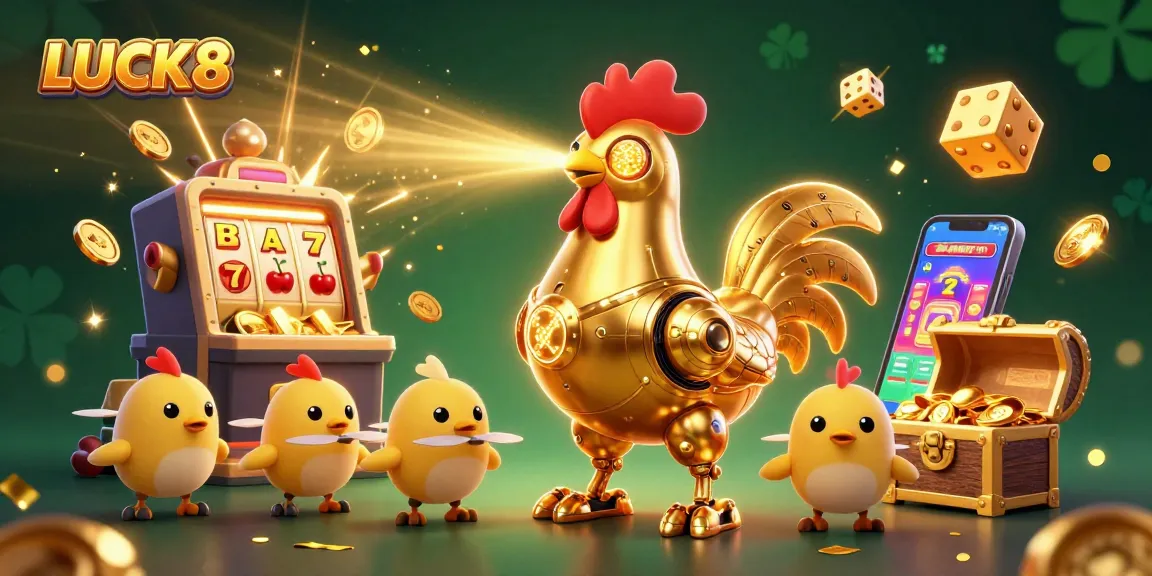 Experience LUCK8's thrilling casino adventure with a vibrant 3D illustration of exciting gaming elements.