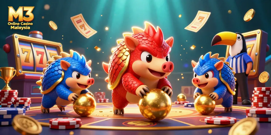 M3 Online Casino Malaysia showcases rival pangolins in an action-packed casino scene filled with vibrant gaming elements.