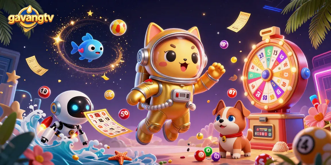 Engage with exciting games at gavangtv featuring a vibrant 3D lottery scene of fun elements.