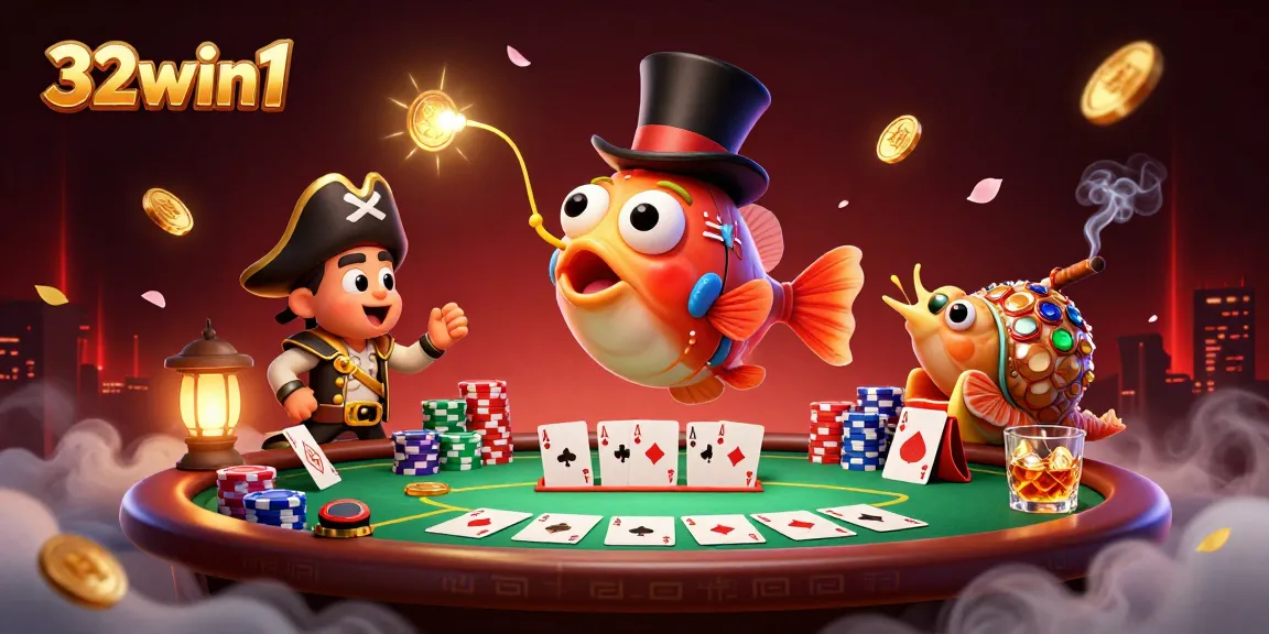 Experience excitement with 32win1 as deep-sea characters gather around interactive casino gaming elements.