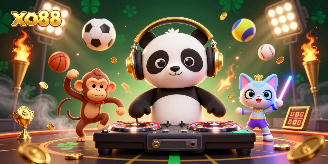 Experience the thrill of xo88 with a DJ panda, dance floor monkey, and vibrant casino elements.